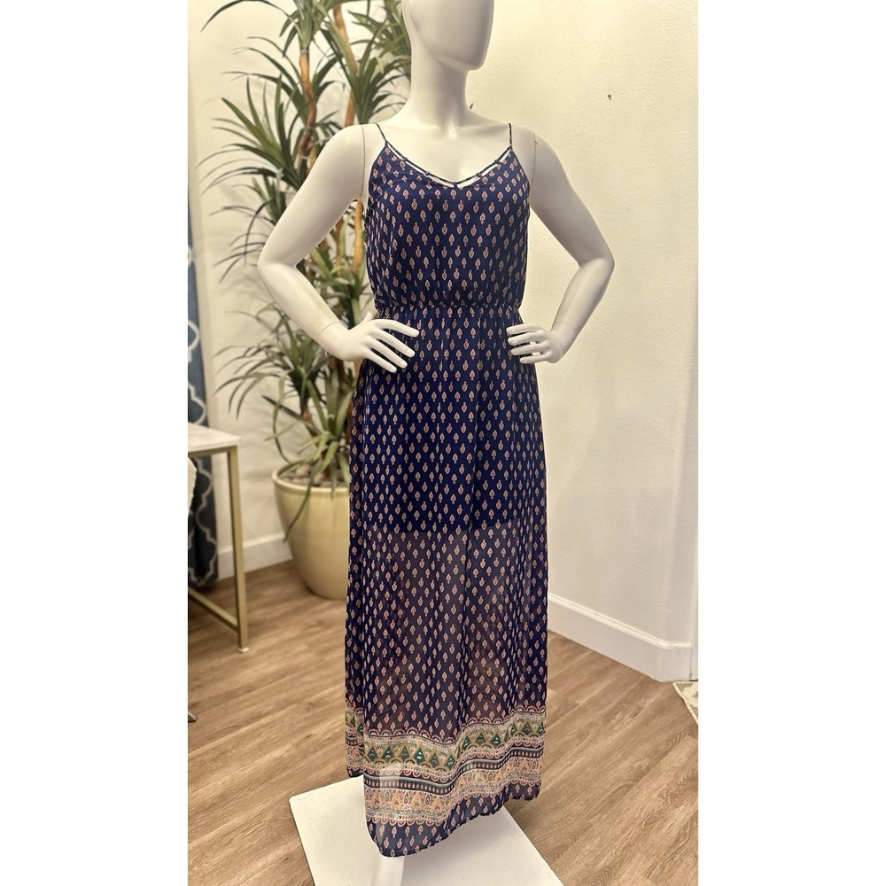 Sienna Sky Navy Blue Printed Maxi Dress with Border Trim - Picture 2 of 9